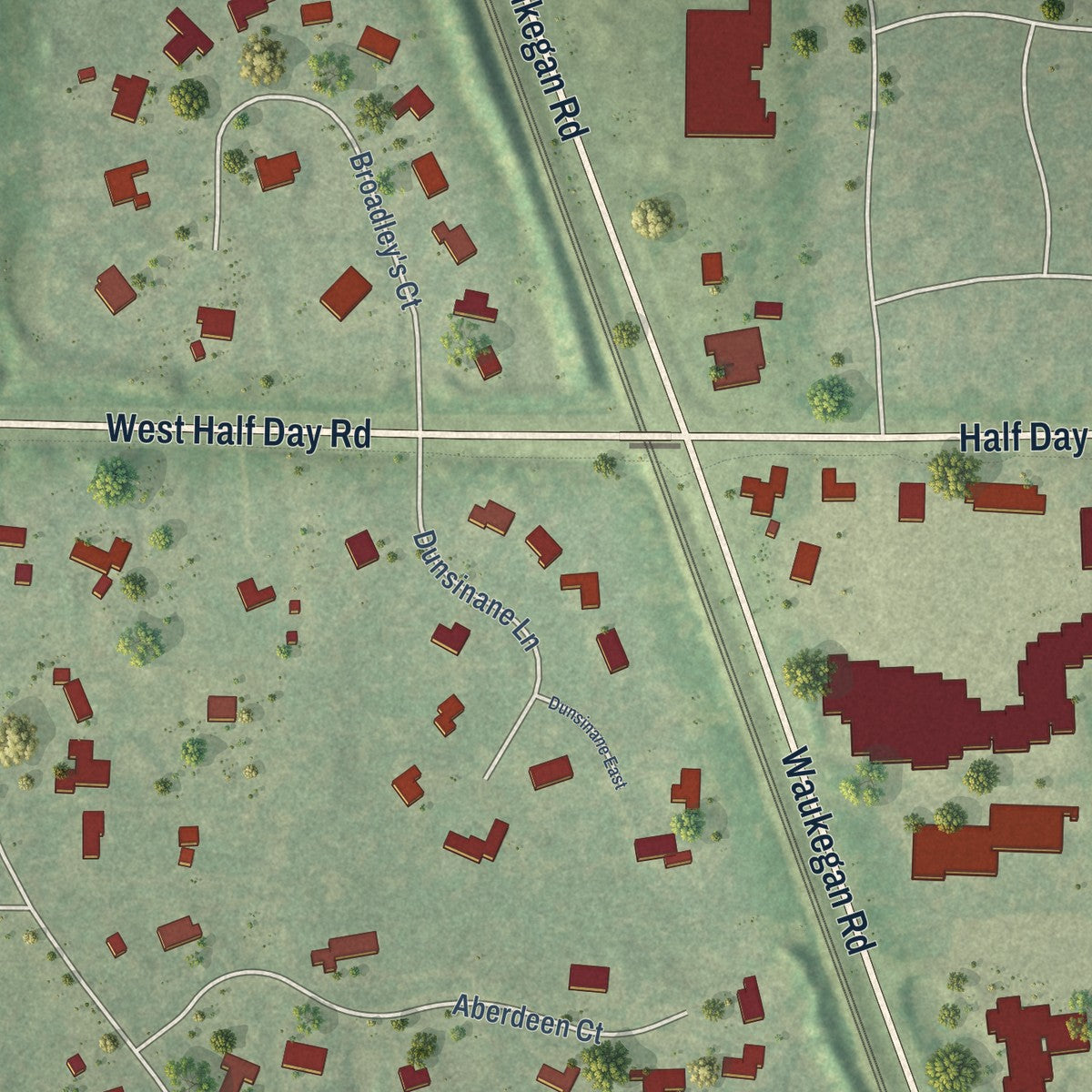 Second close-up of the map of Bannockburn, Illinois print showing more streets and buildings