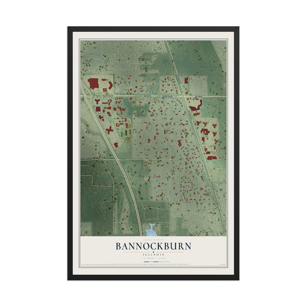 Map of Bannockburn, Illinois, 12 x 18 inch print in a black wood frame