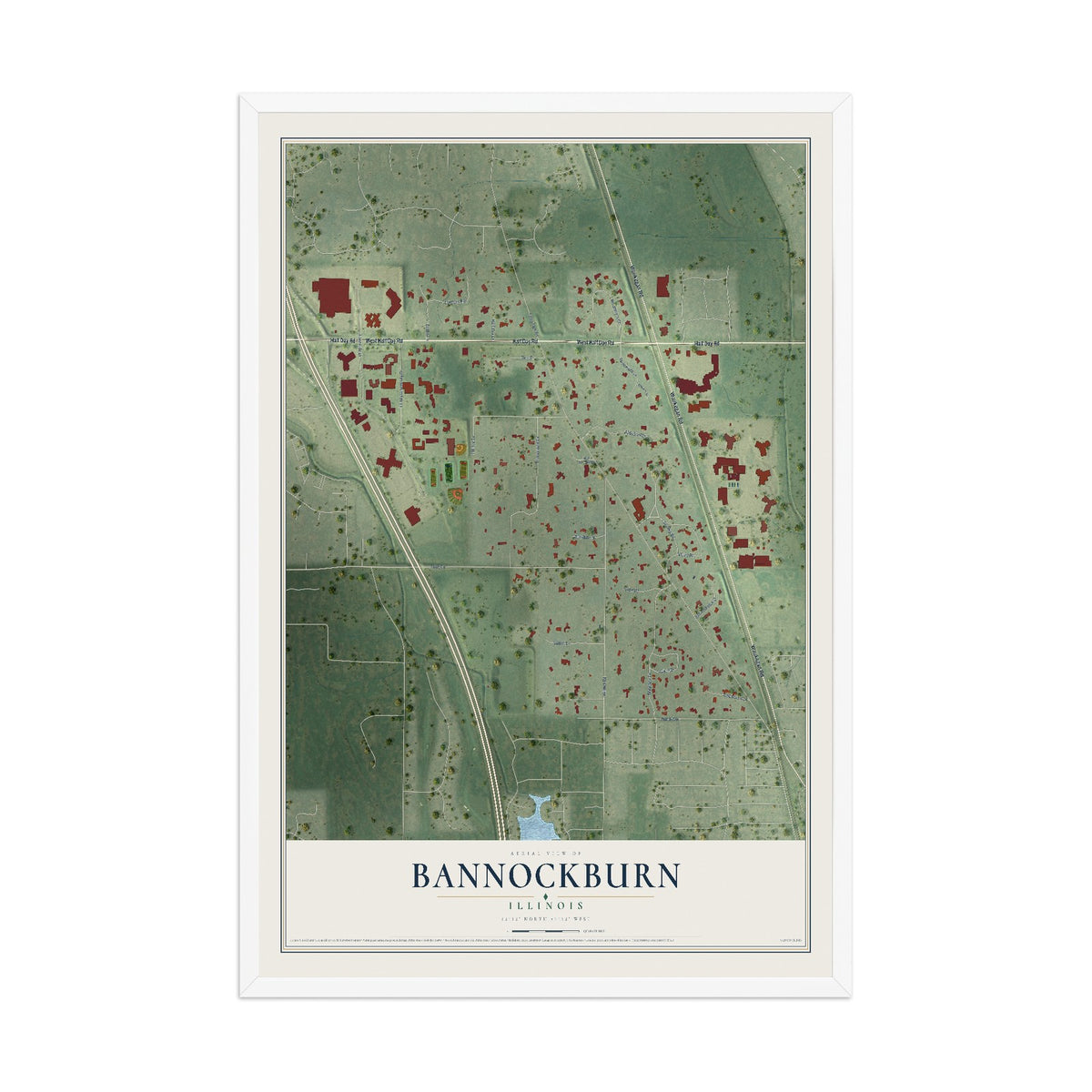 Map of Bannockburn, Illinois, 12 x 18 inch print in a white wood frame