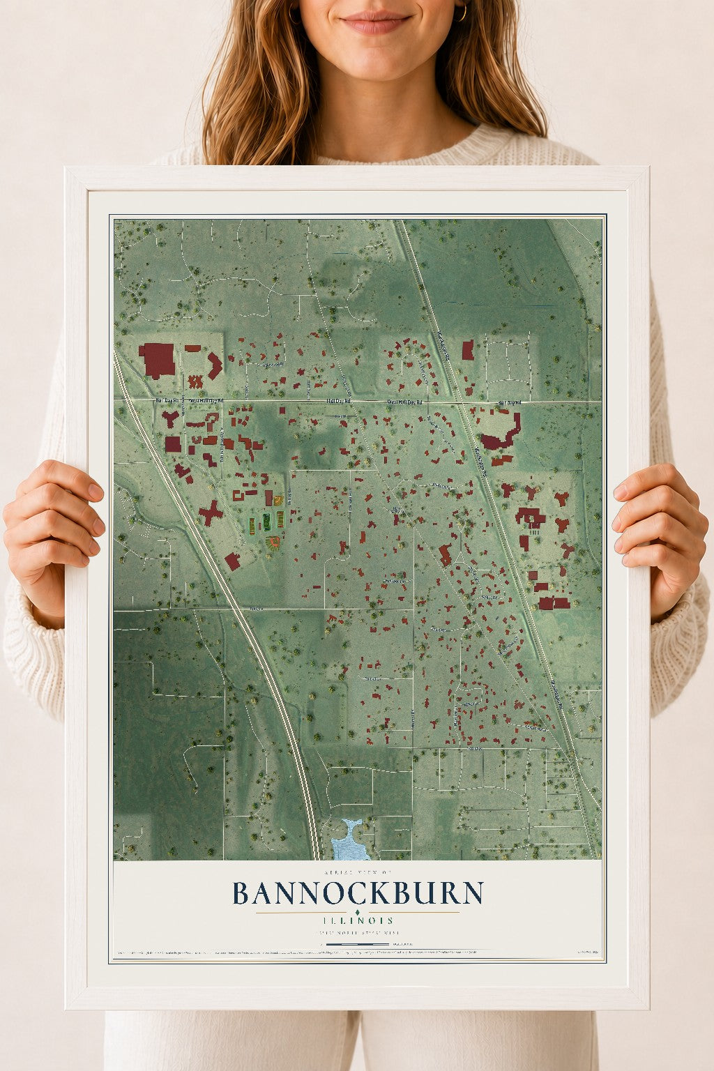 Map of Bannockburn, Illinois, 18 x 24 inch print in a white wood frame