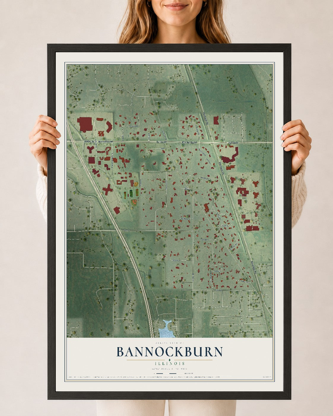 Map of Bannockburn, Illinois, 24 x 36 inch print in a black wood frame