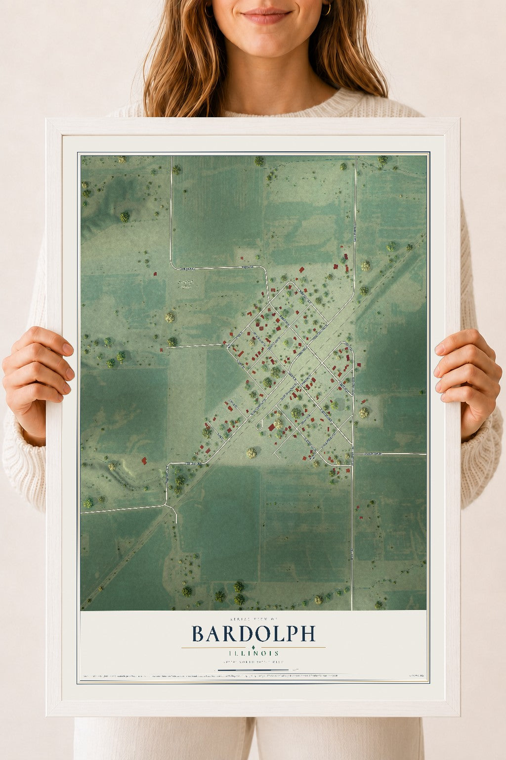 Map of Bardolph, Illinois, 18 x 24 inch print in a white wood frame