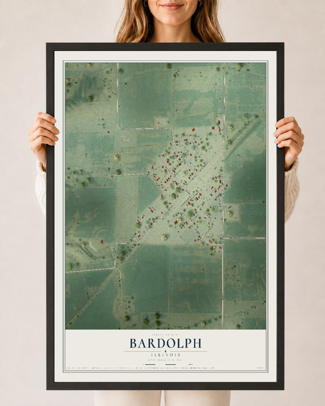 Map of Bardolph, Illinois, 24 x 36 inch print in a black wood frame