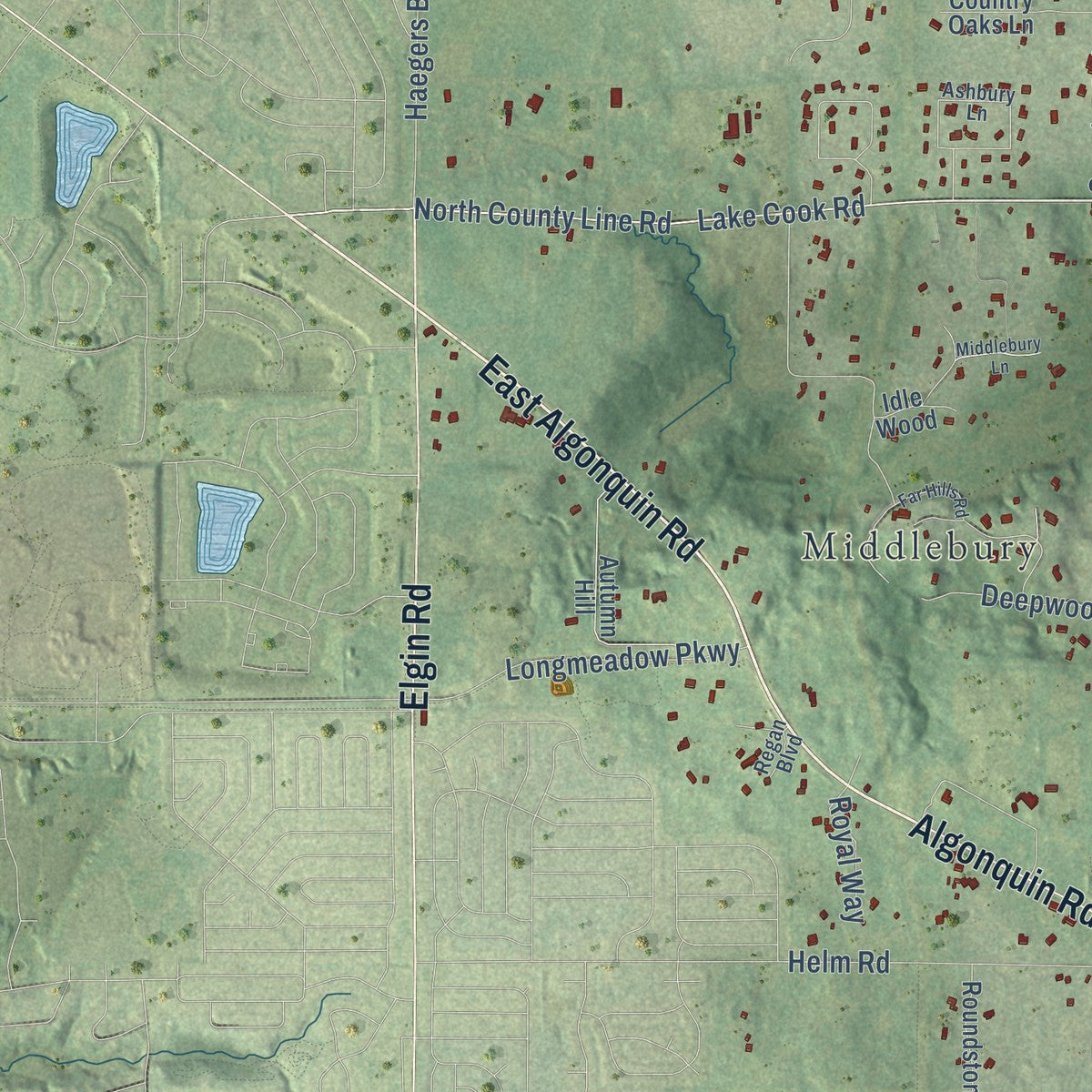 Second close-up of the map of Barrington Hills, Illinois print showing more streets and buildings