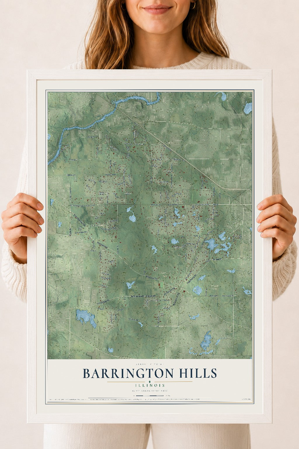 Map of Barrington Hills, Illinois, 18 x 24 inch print in a white wood frame