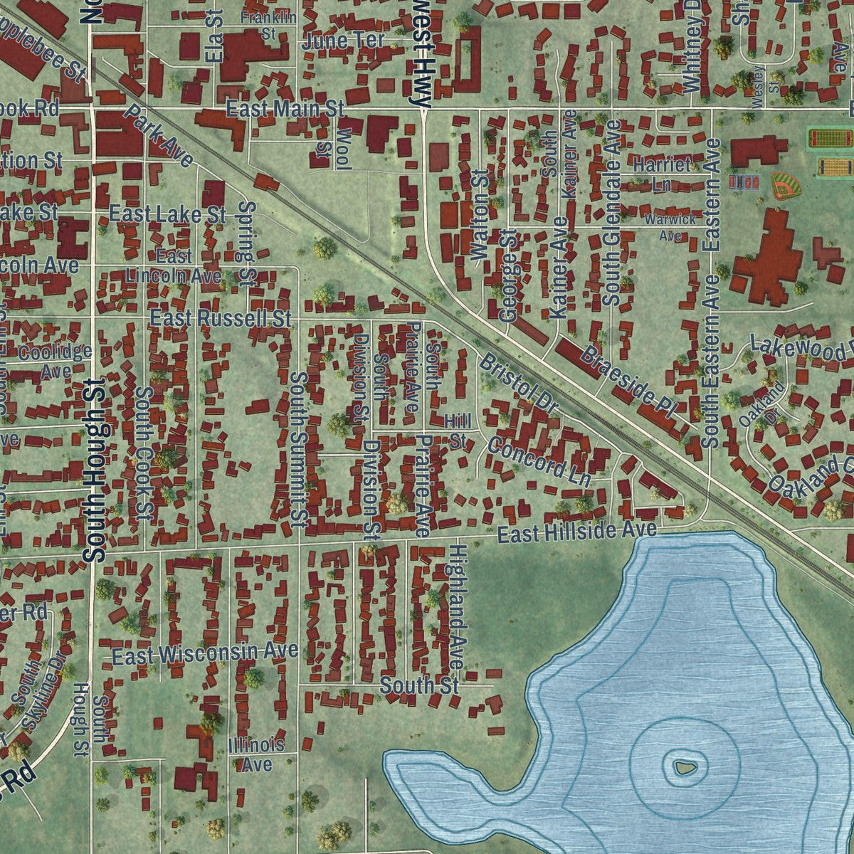 Close-up of the map of Barrington, Illinois print showing street and building detail