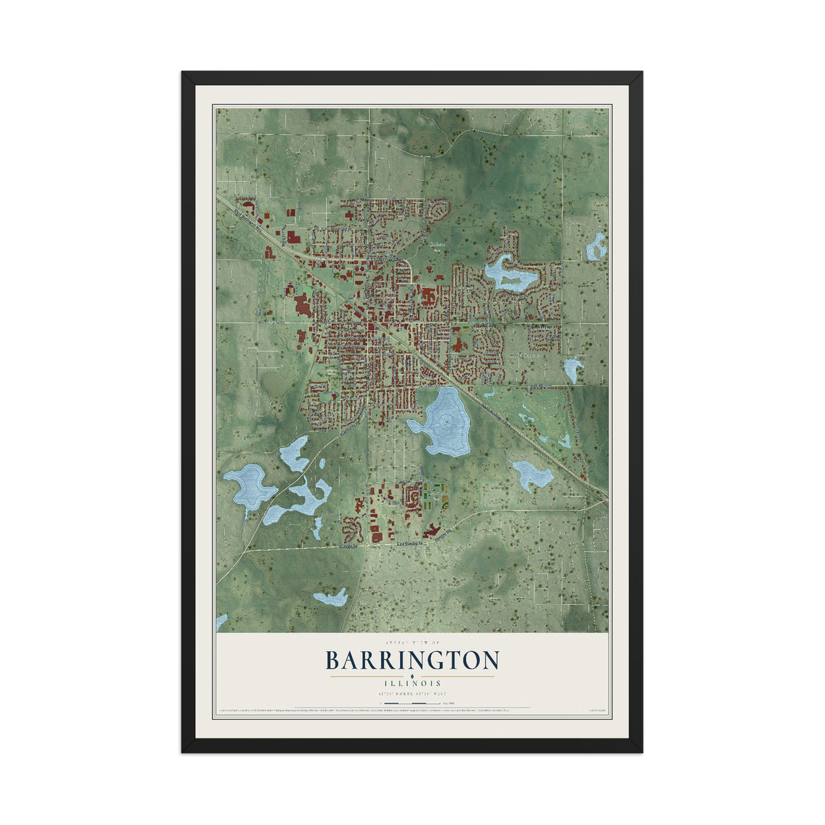 Map of Barrington, Illinois, 12 x 18 inch print in a black wood frame