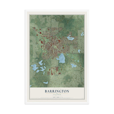 Map of Barrington, Illinois, 12 x 18 inch print in a white wood frame