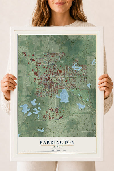 Map of Barrington, Illinois, 18 x 24 inch print in a white wood frame