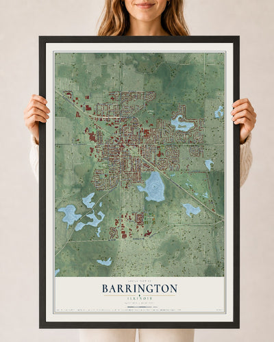 Map of Barrington, Illinois, 24 x 36 inch print in a black wood frame