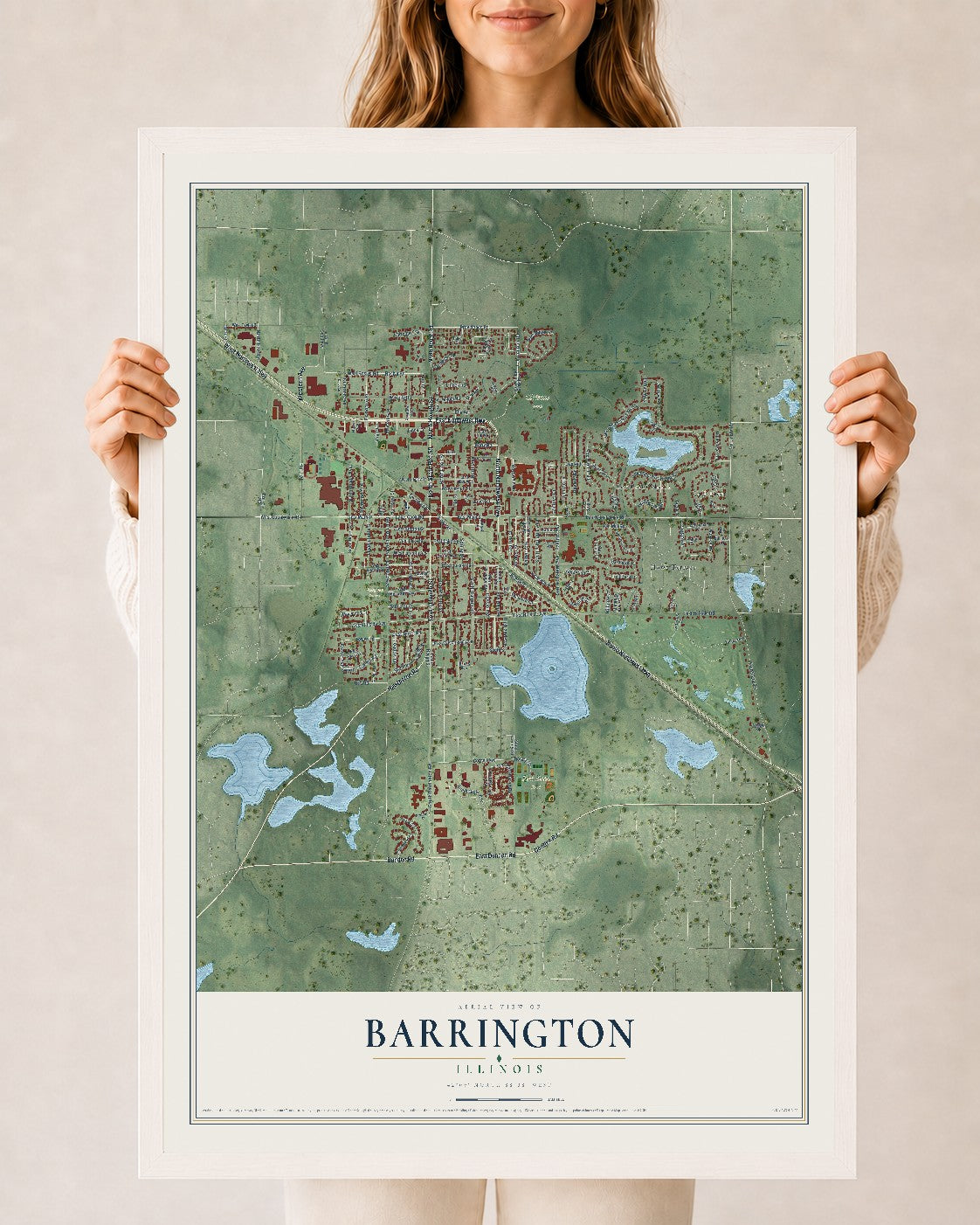 Map of Barrington, Illinois, 24 x 36 inch print in a white wood frame