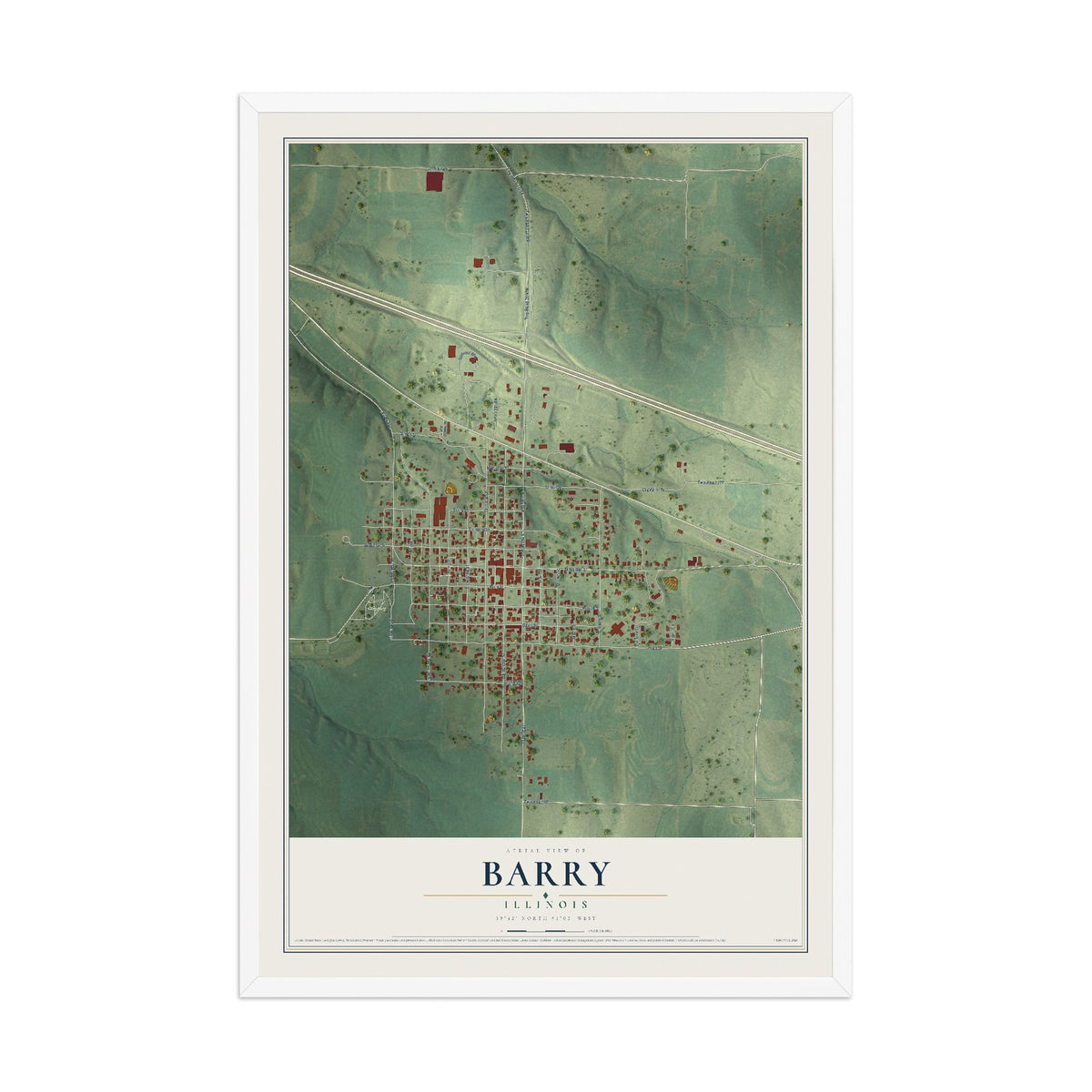 Map of Barry, Illinois, 12 x 18 inch print in a white wood frame