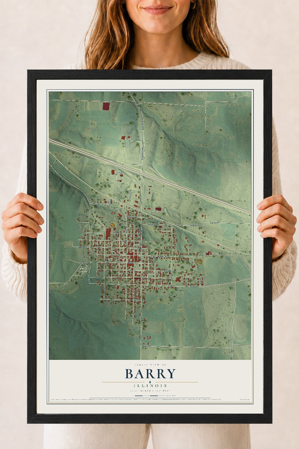 Map of Barry, Illinois, 18 x 24 inch print in a black wood frame