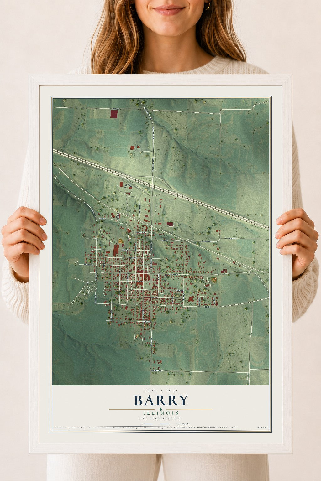 Map of Barry, Illinois, 18 x 24 inch print in a white wood frame