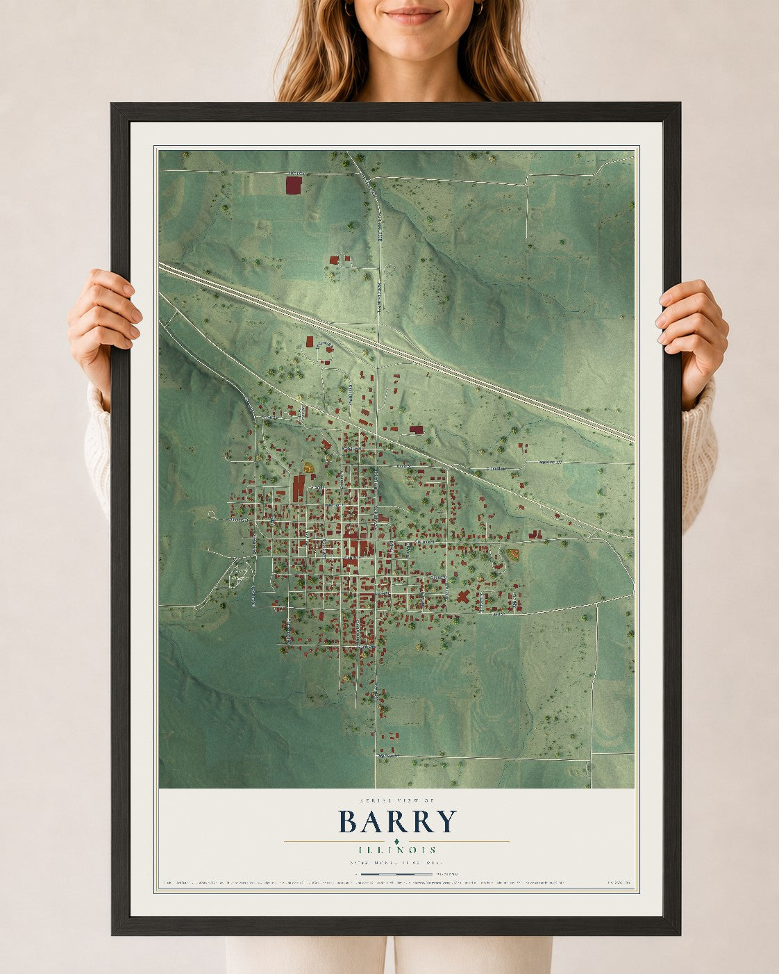 Map of Barry, Illinois, 24 x 36 inch print in a black wood frame