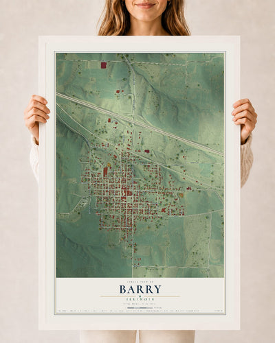 Map of Barry, Illinois, 24 x 36 inch print in a white wood frame
