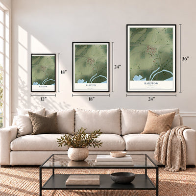 Barstow, Illinois map in 12 x 18, 18 x 24 and 24 x 36 inch sizes above a sofa
