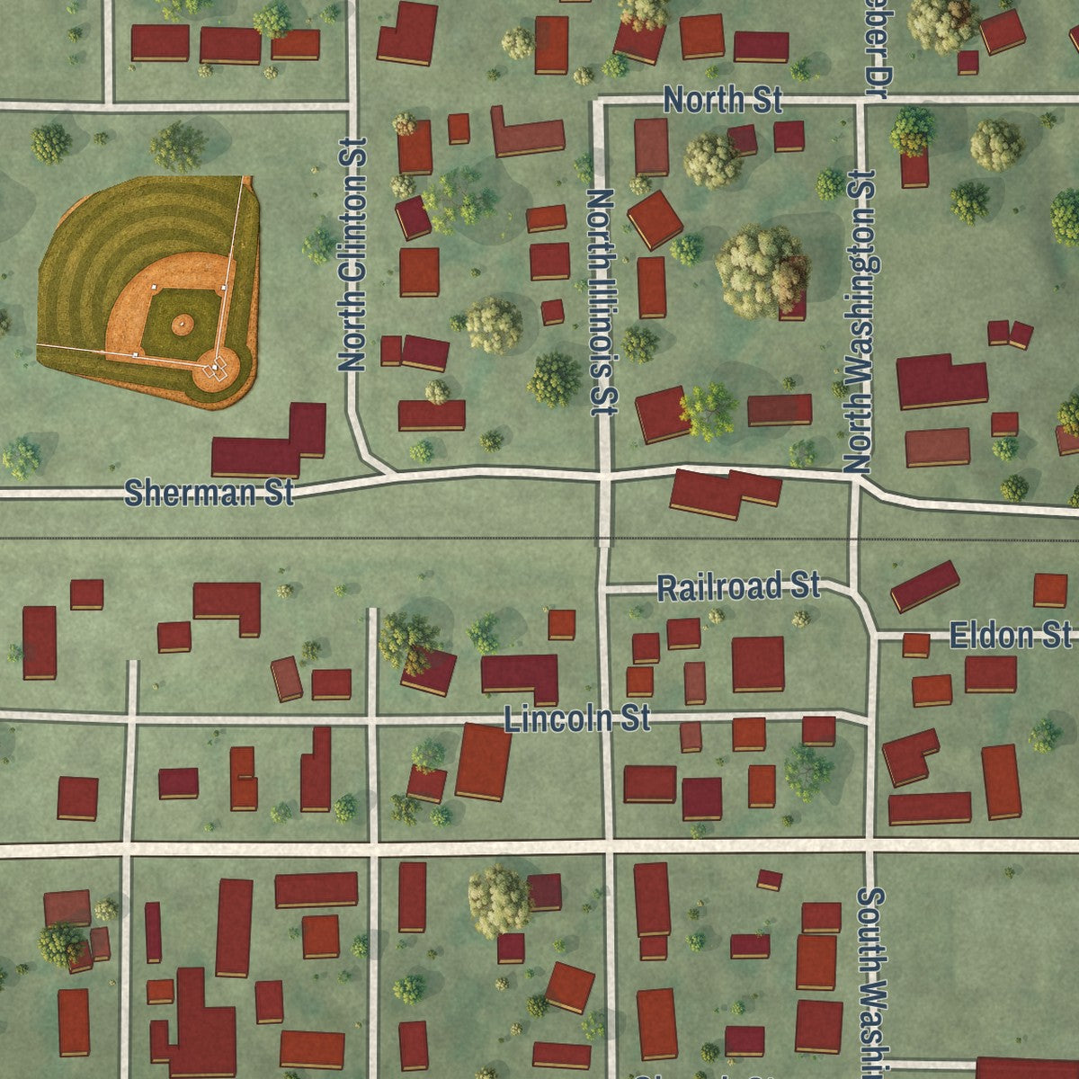 Close-up of the map of Bartelso, Illinois print showing street and building detail