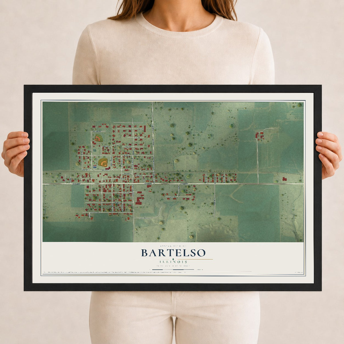 Map of Bartelso, Illinois, 12 x 18 inch print in a black wood frame