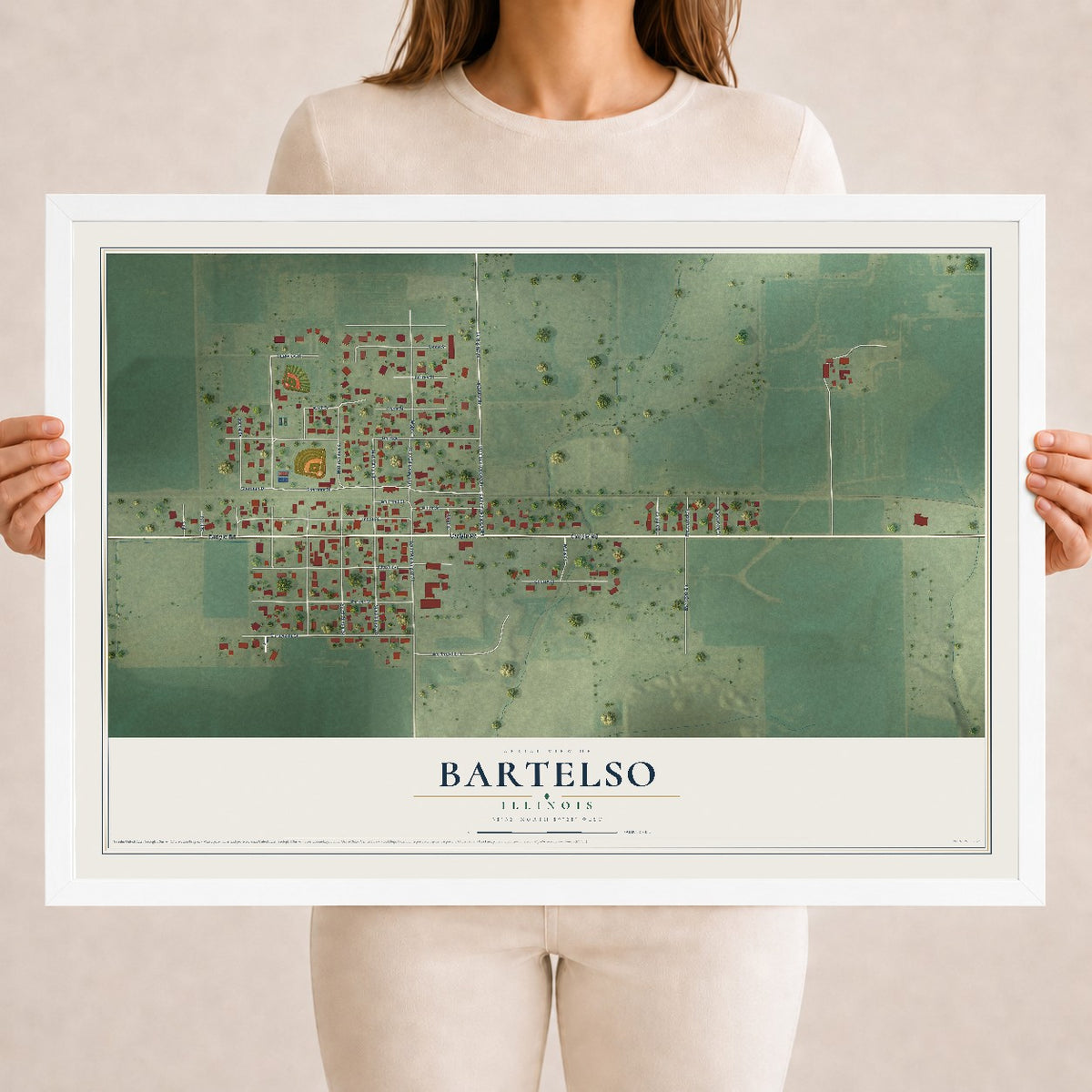 Map of Bartelso, Illinois, 18 x 24 inch print in a white wood frame