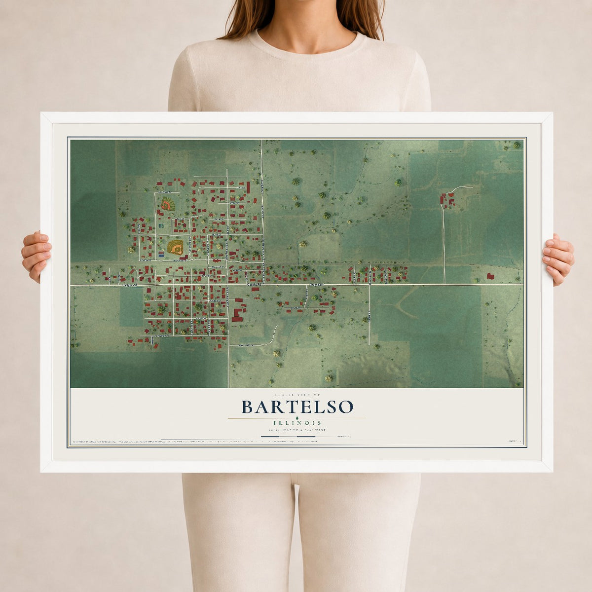 Map of Bartelso, Illinois, 24 x 36 inch print in a white wood frame
