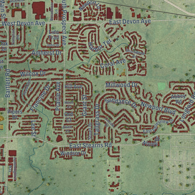 Close-up of the map of Bartlett, Illinois print showing street and building detail