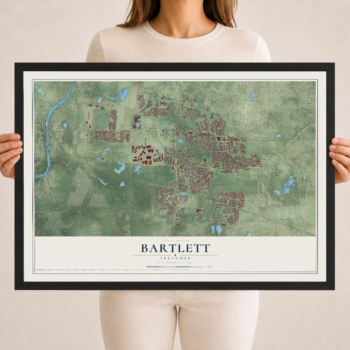 Map of Bartlett, Illinois, 18 x 24 inch print in a black wood frame