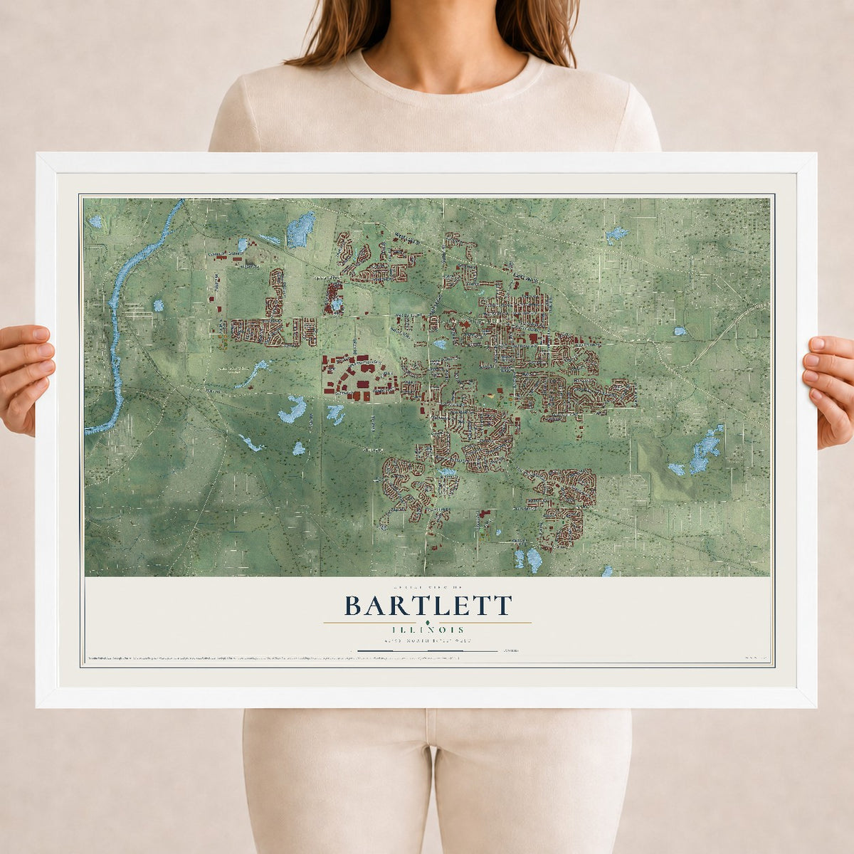 Map of Bartlett, Illinois, 18 x 24 inch print in a white wood frame
