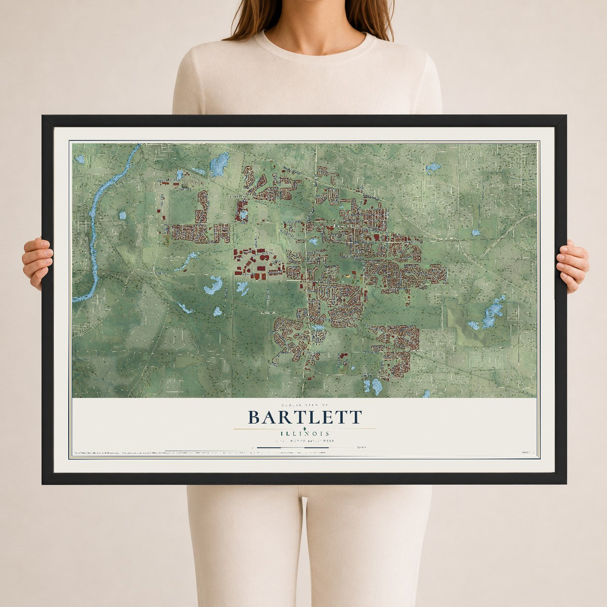 Map of Bartlett, Illinois, 24 x 36 inch print in a black wood frame