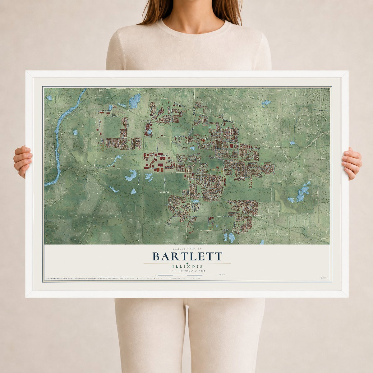 Map of Bartlett, Illinois, 24 x 36 inch print in a white wood frame