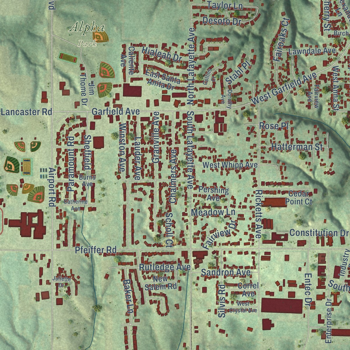 Close-up of the map of Bartonville, Illinois print showing street and building detail