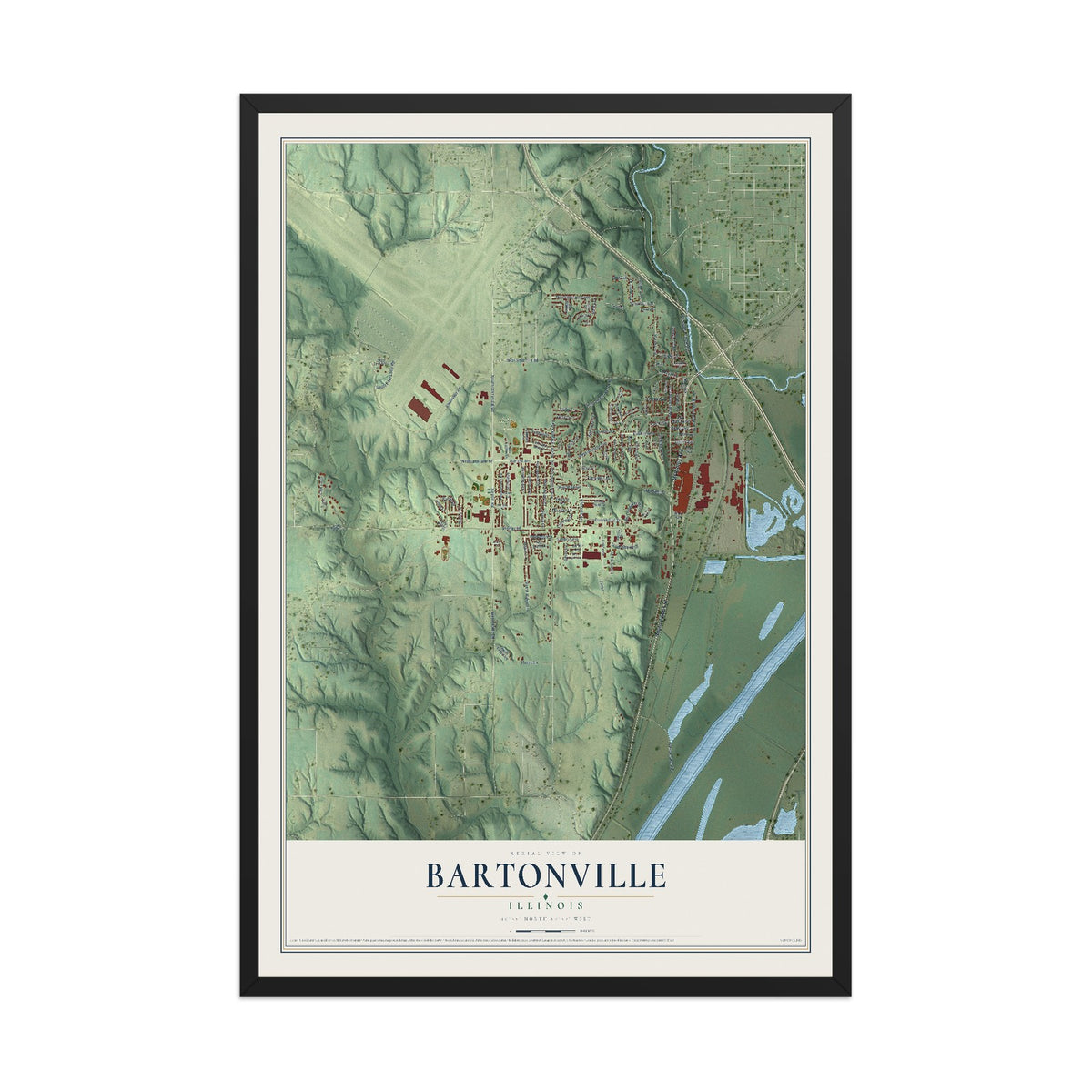 Map of Bartonville, Illinois, 12 x 18 inch print in a black wood frame