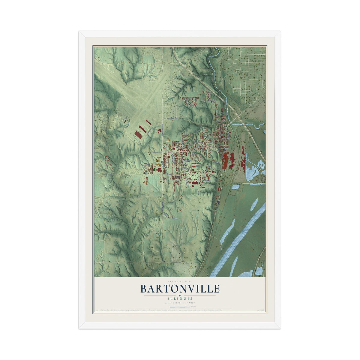 Map of Bartonville, Illinois, 12 x 18 inch print in a white wood frame