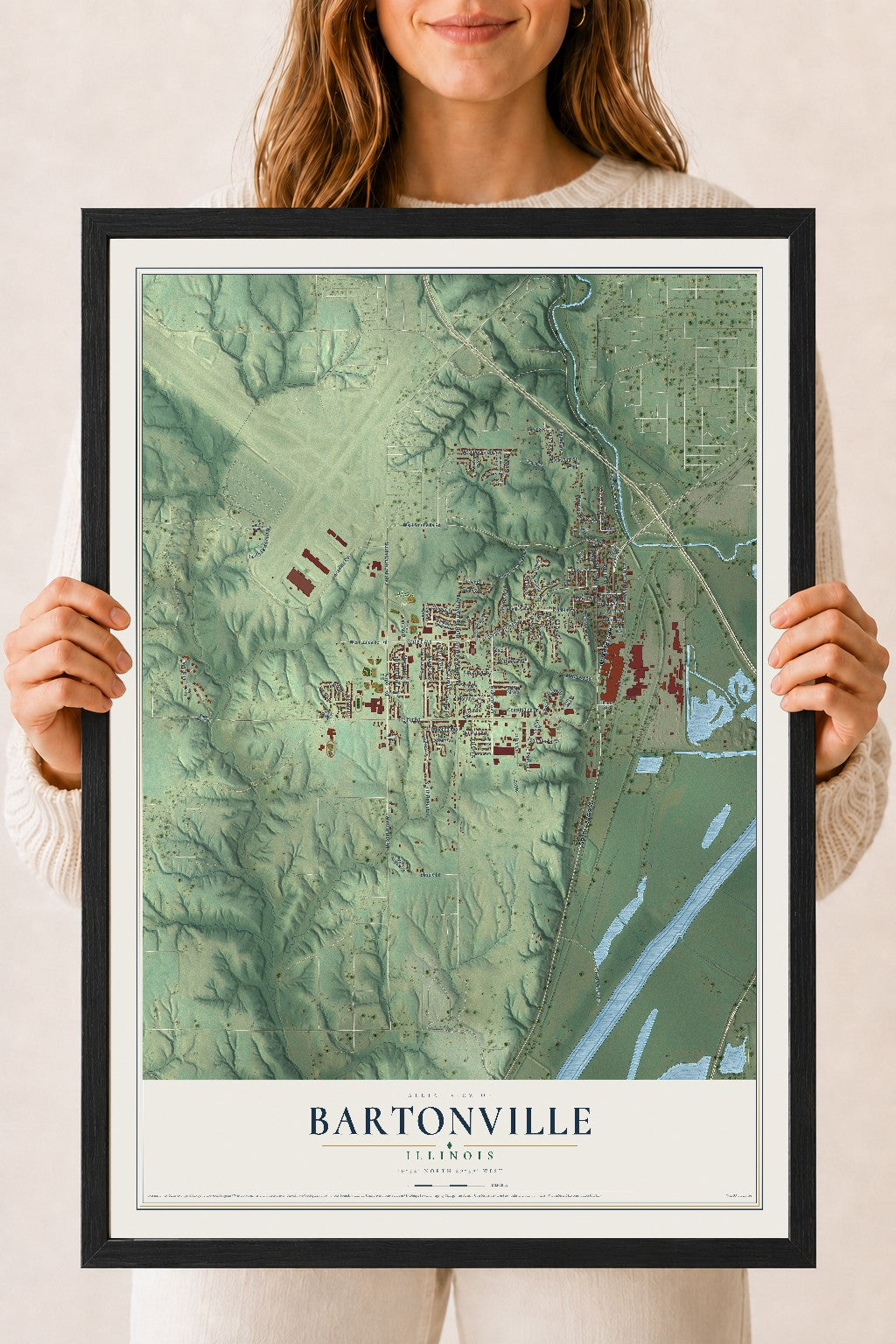 Map of Bartonville, Illinois, 18 x 24 inch print in a black wood frame