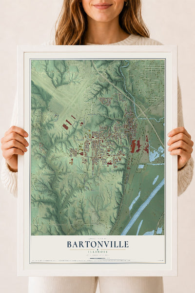 Map of Bartonville, Illinois, 18 x 24 inch print in a white wood frame