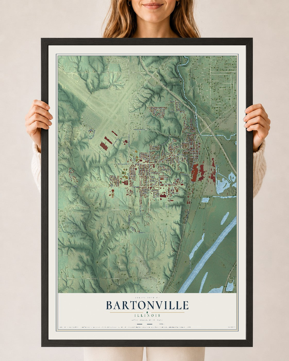 Map of Bartonville, Illinois, 24 x 36 inch print in a black wood frame