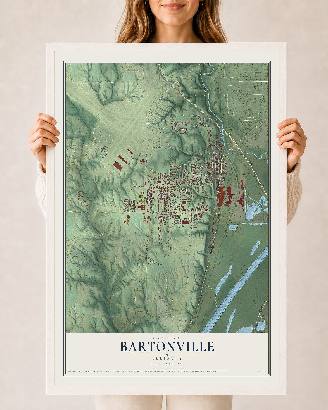Map of Bartonville, Illinois, 24 x 36 inch print in a white wood frame
