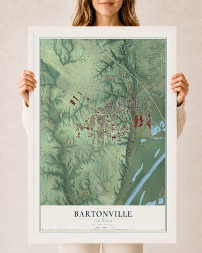 Map of Bartonville, Illinois, 24 x 36 inch print in a white wood frame