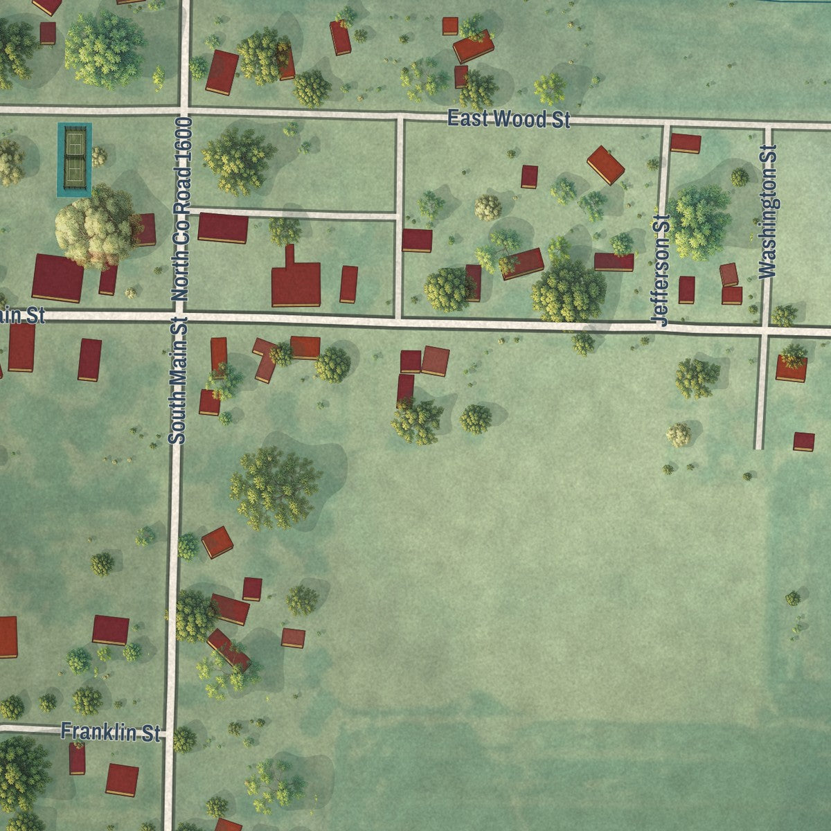 Close-up of the map of Basco, Illinois print showing street and building detail