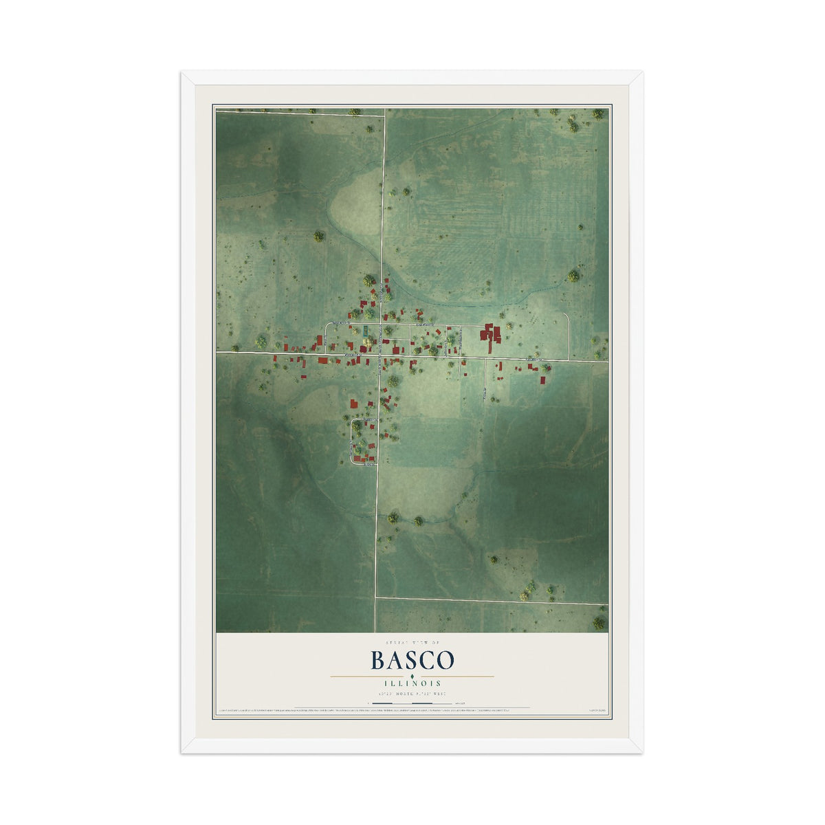Map of Basco, Illinois, 12 x 18 inch print in a white wood frame