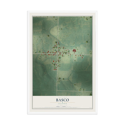 Map of Basco, Illinois, 12 x 18 inch print in a white wood frame
