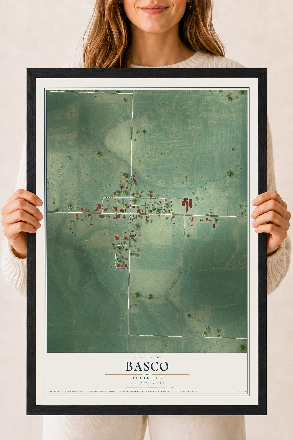 Map of Basco, Illinois, 18 x 24 inch print in a black wood frame
