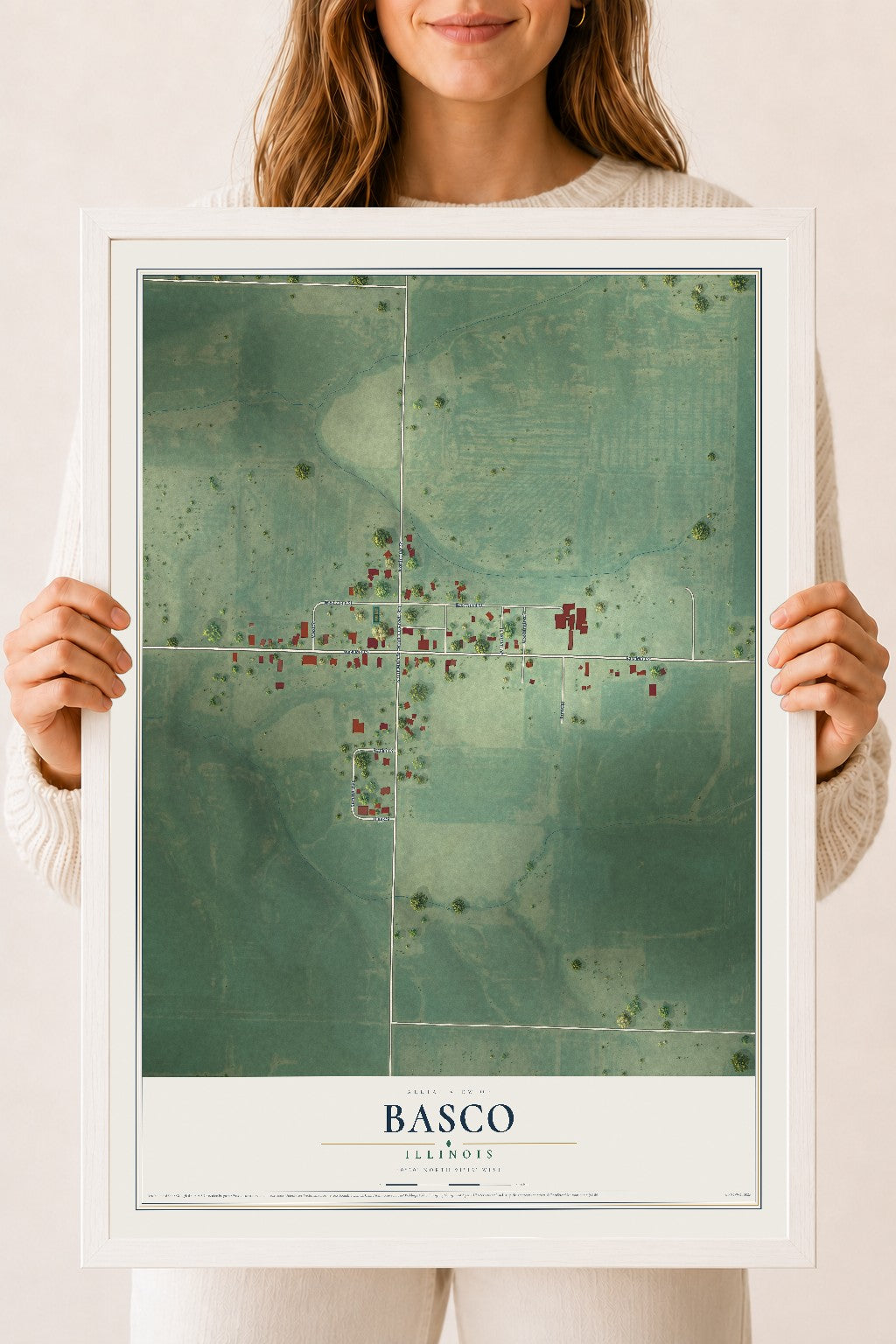 Map of Basco, Illinois, 18 x 24 inch print in a white wood frame