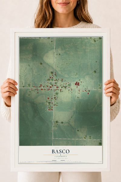 Map of Basco, Illinois, 18 x 24 inch print in a white wood frame