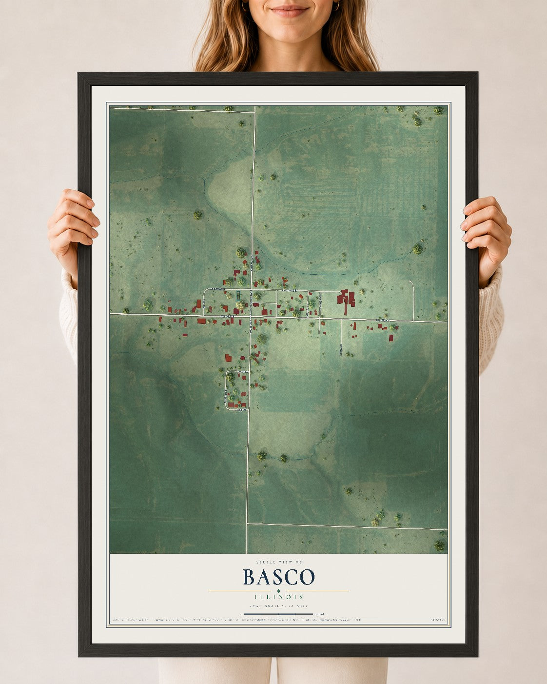 Map of Basco, Illinois, 24 x 36 inch print in a black wood frame