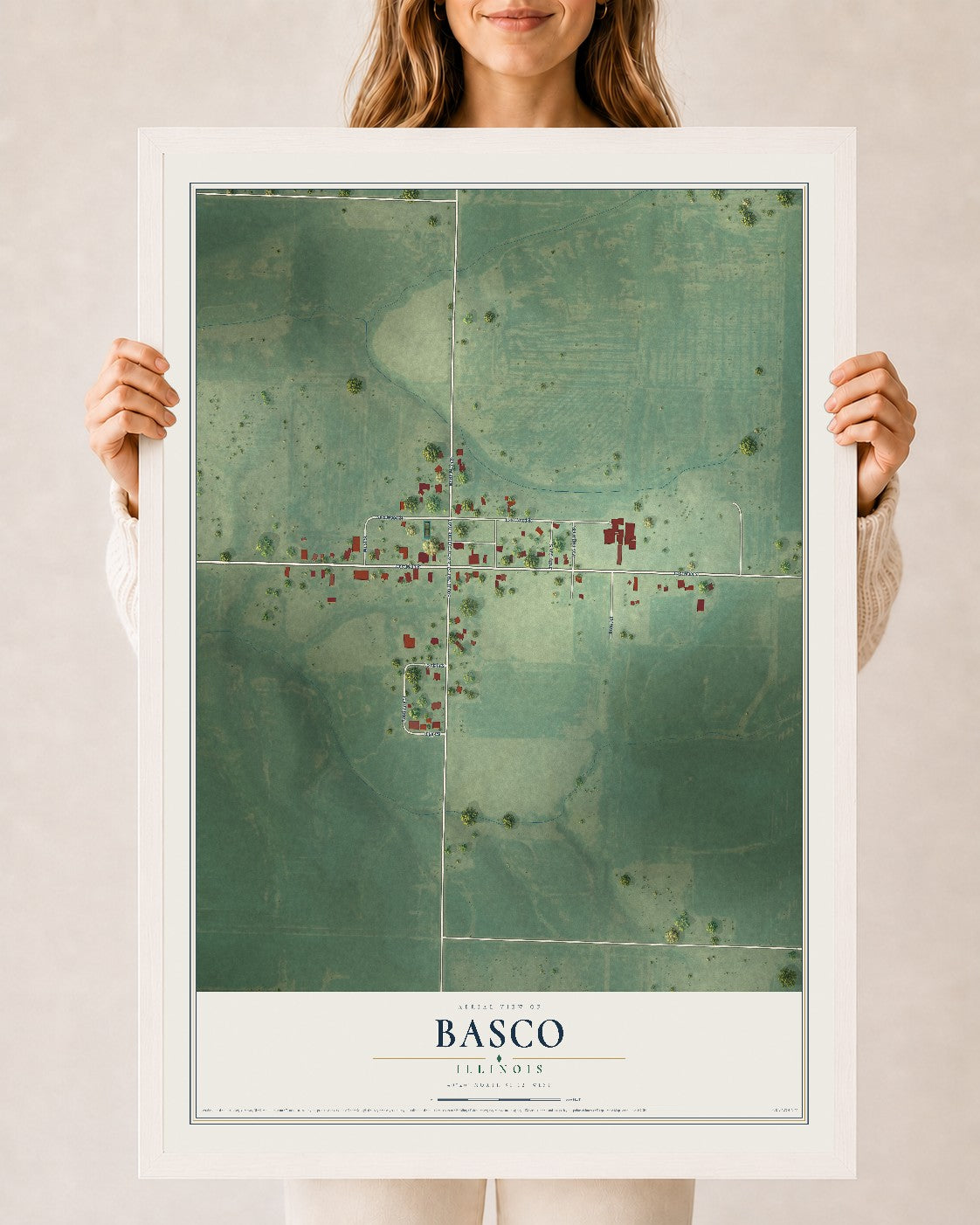 Map of Basco, Illinois, 24 x 36 inch print in a white wood frame