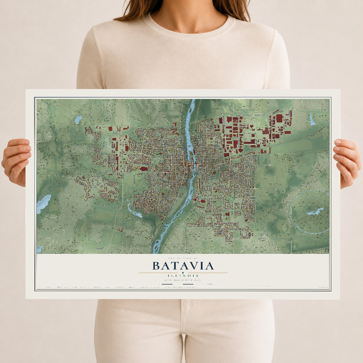 Map of Batavia, Illinois, 12 x 18 inch unframed archival matte print