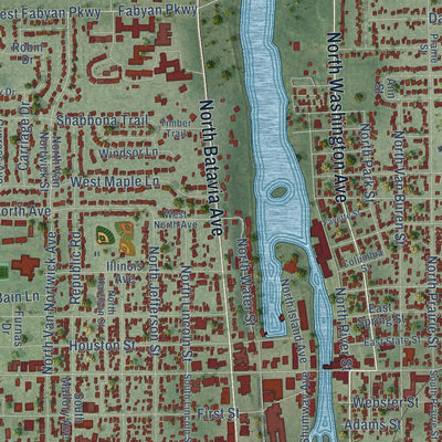 Close-up of the map of Batavia, Illinois print showing street and building detail