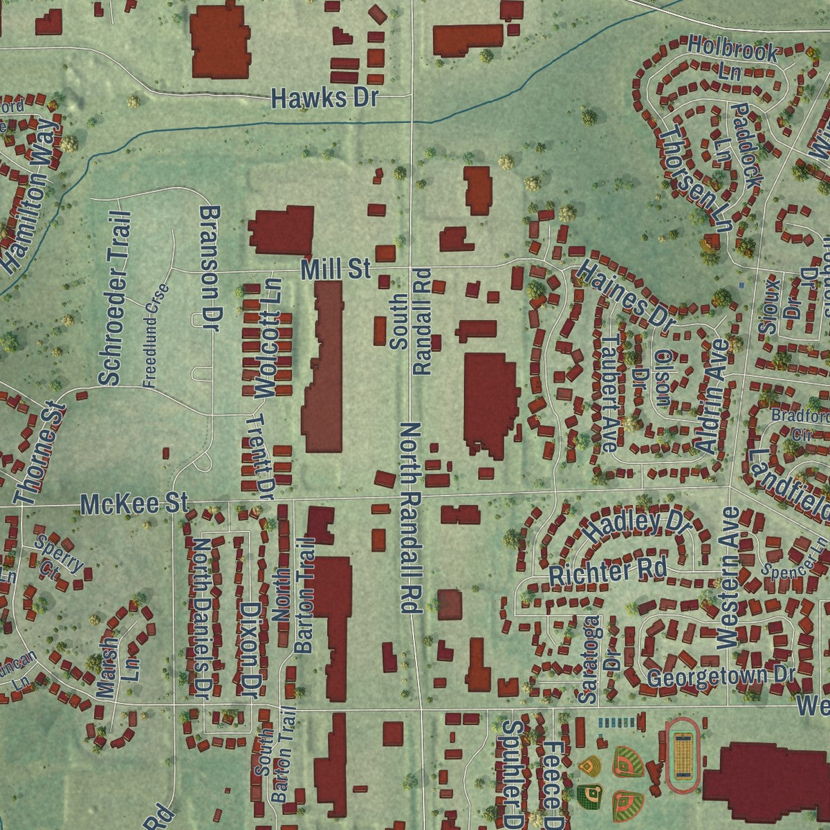 Second close-up of the map of Batavia, Illinois print showing more streets and buildings