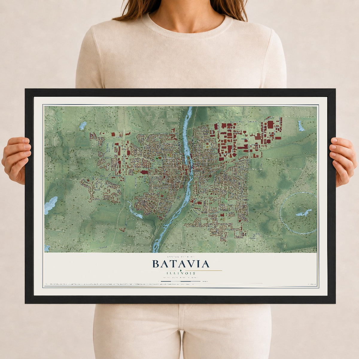 Map of Batavia, Illinois, 12 x 18 inch print in a black wood frame